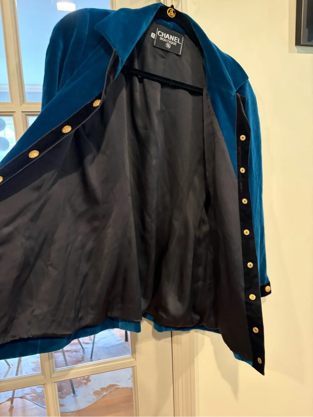 Vtg CHANEL teal blue Velvet Button-Front Jacket Blazer Sz 42